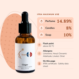 Ginger Perfume Oil IFRA maximums: perfume 14.89%, candles 8%, soap 10%; flash point above 62 °C