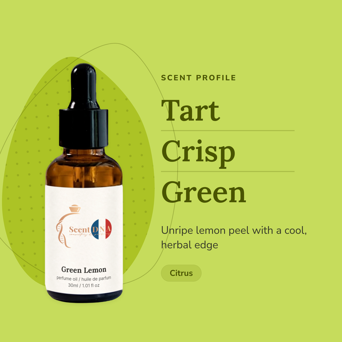 Green Lemon Perfume Oil scent profile: tart, crisp, green. Unripe lemon peel with a cool, herbal edge