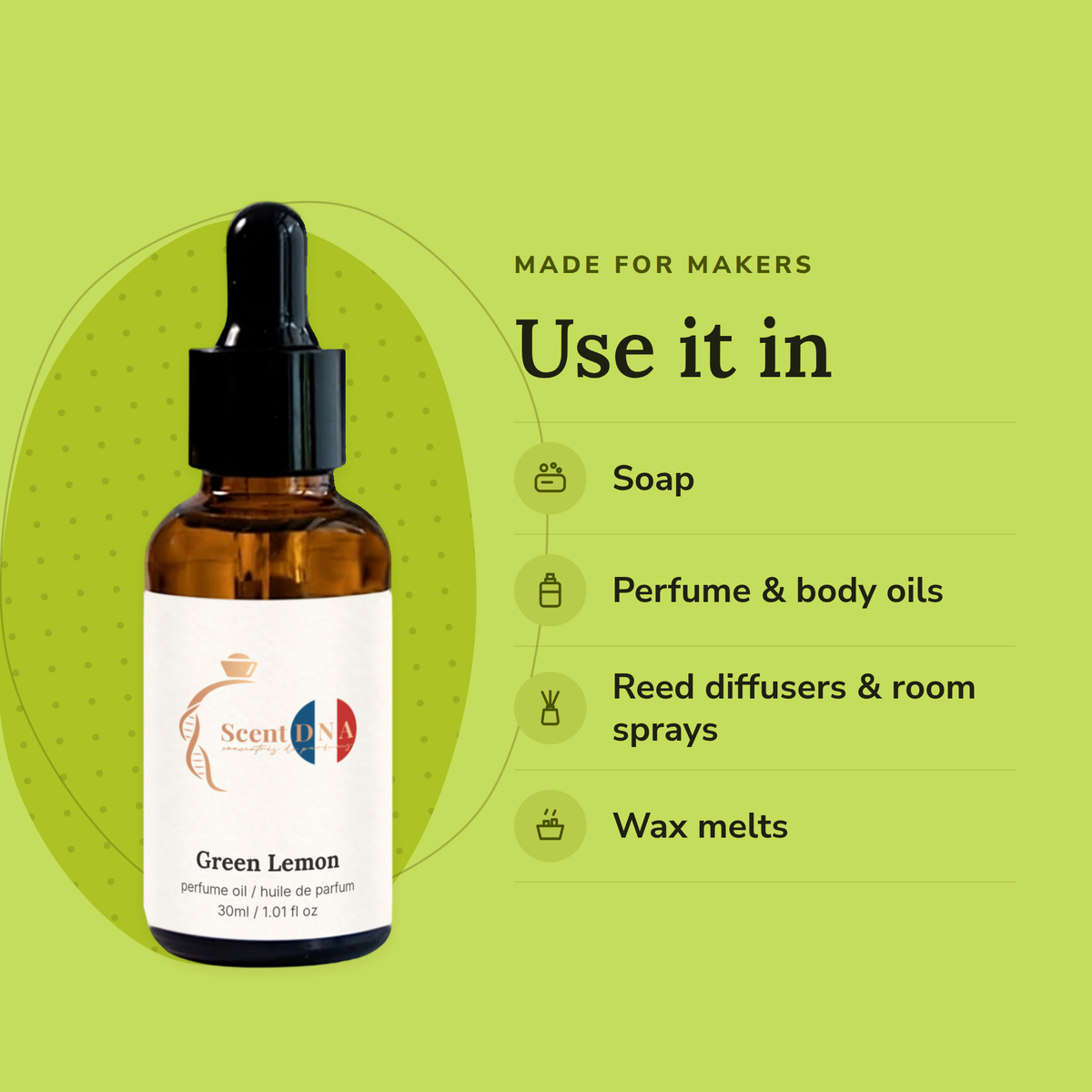 Green Lemon Perfume Oil uses: soap, perfume & body oils, reed diffusers & room sprays, wax melts