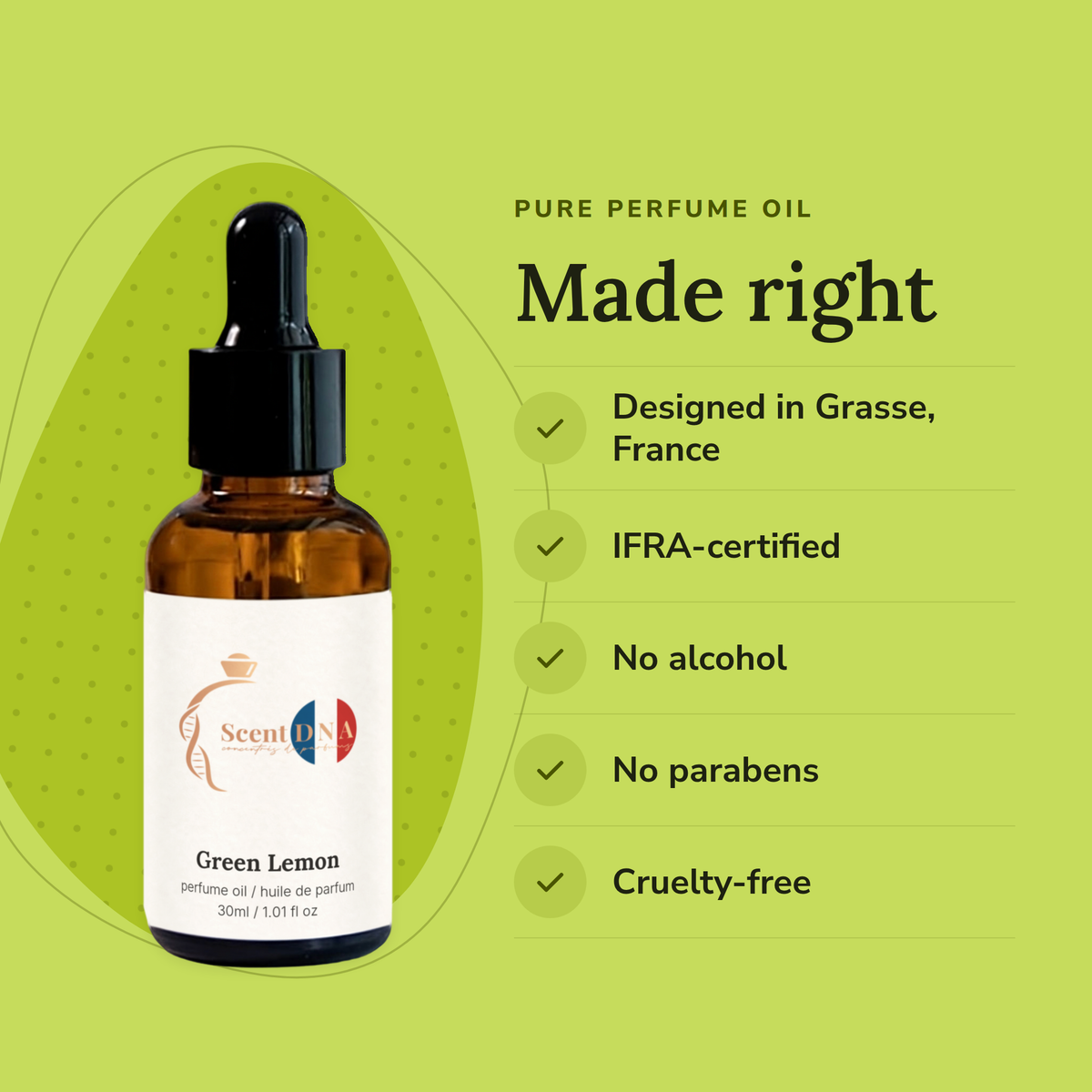Green Lemon Perfume Oil: designed in Grasse, IFRA-certified, no alcohol, no parabens, cruelty-free