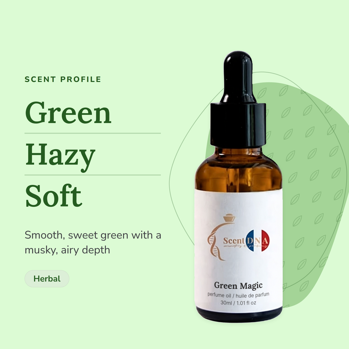 Green Magic Perfume Oil scent profile: green, hazy, soft. Smooth, sweet green with a musky, airy depth