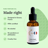 Green Magic Perfume Oil: designed in Grasse, IFRA-certified, no alcohol, no parabens or phthalates, cruelty-free