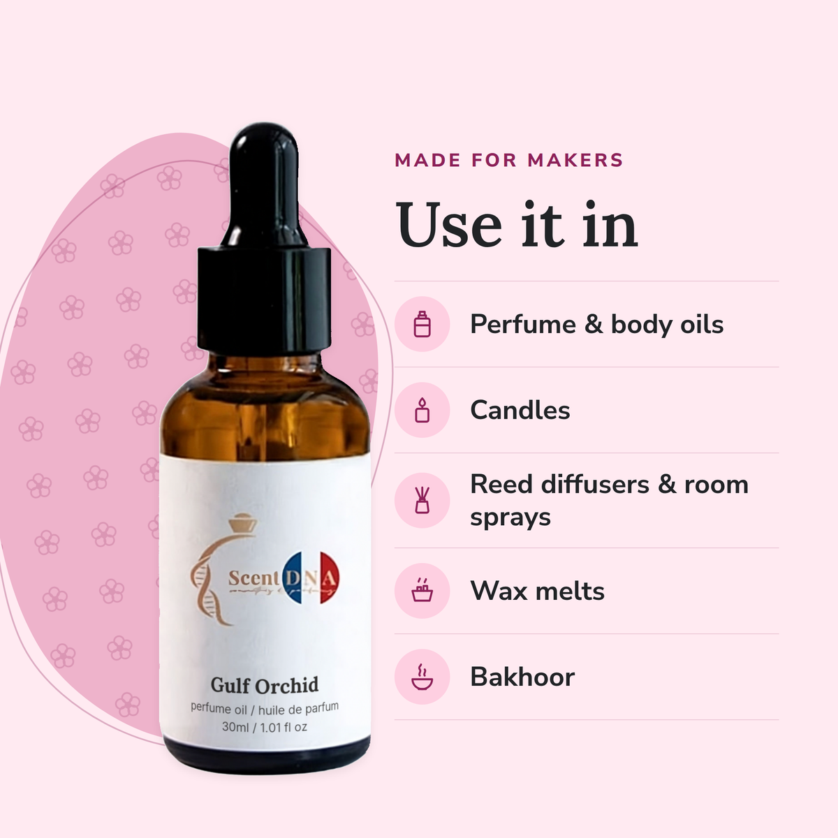 Gulf Orchid Perfume Oil uses: perfume & body oils, candles, reed diffusers & room sprays, wax melts, bakhoor
