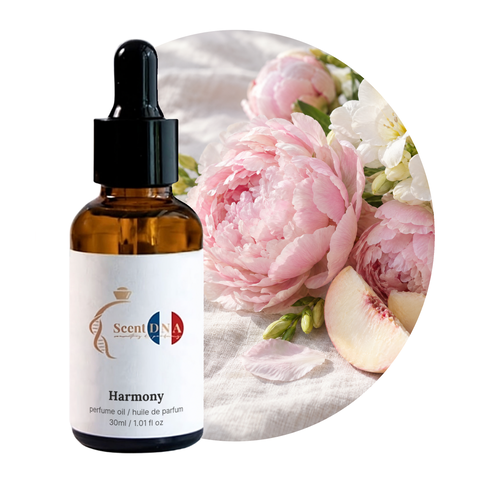 Harmony Perfume Oil, 30ml amber dropper bottle, with peonies, freesia and white peach