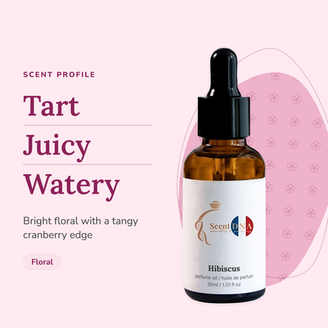 Hibiscus Perfume Oil scent profile: tart, juicy, watery. Bright floral with a tangy cranberry edge