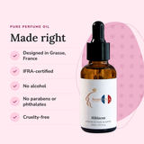 Hibiscus Perfume Oil: designed in Grasse, IFRA-certified, no alcohol, no parabens or phthalates, cruelty-free