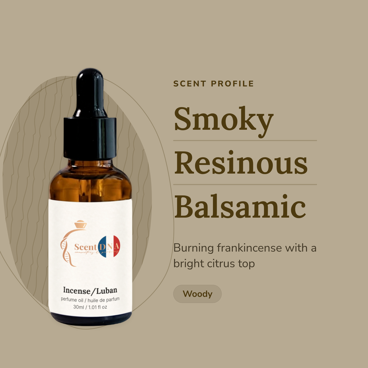 Incense/Luban Perfume Oil scent profile: smoky, resinous, balsamic. Burning frankincense with a bright citrus top