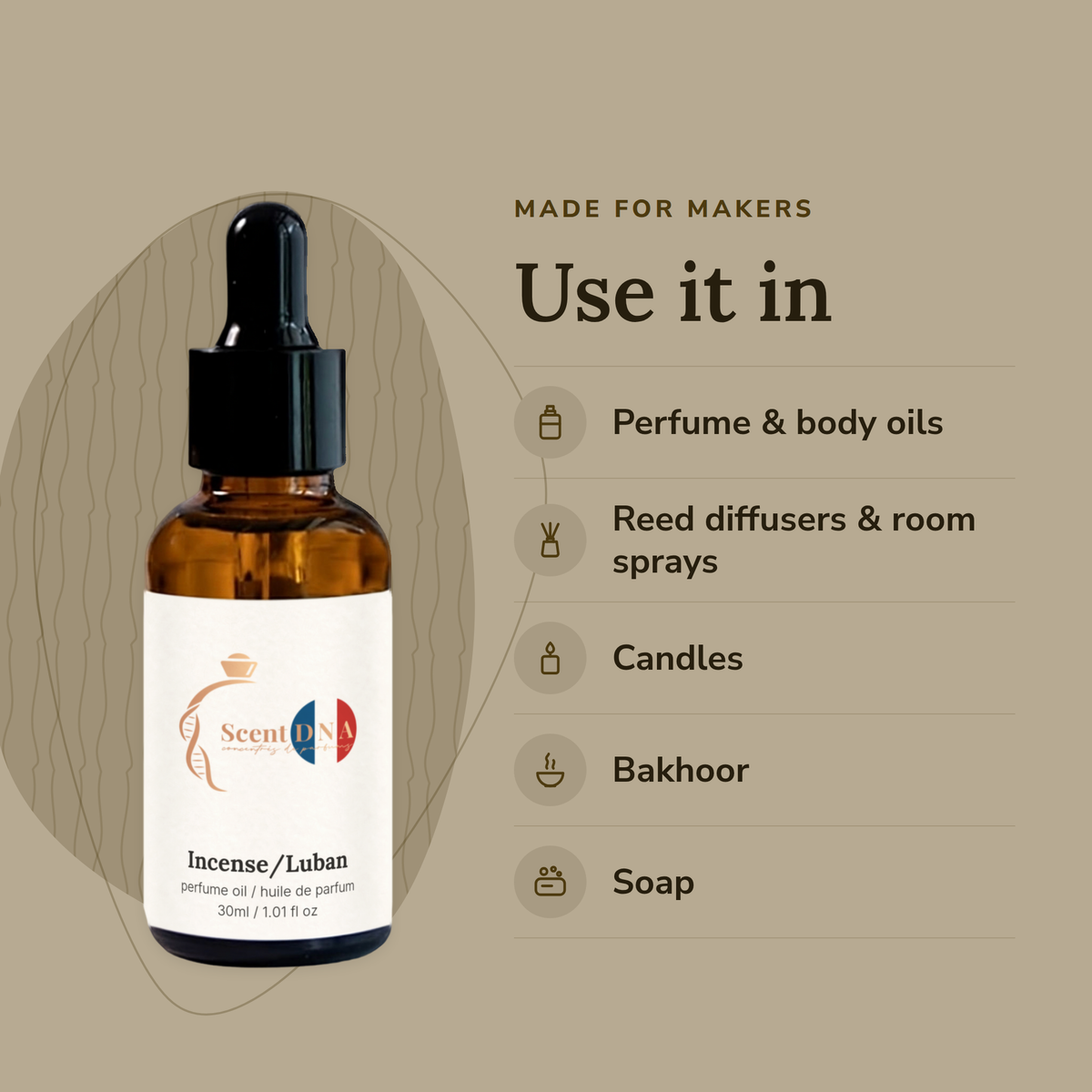 Incense/Luban Perfume Oil uses: perfume & body oils, reed diffusers & room sprays, candles, bakhoor, soap