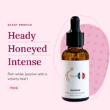 Jasmine Perfume Oil scent profile: heady, honeyed, intense. Rich white jasmine with a velvety heart