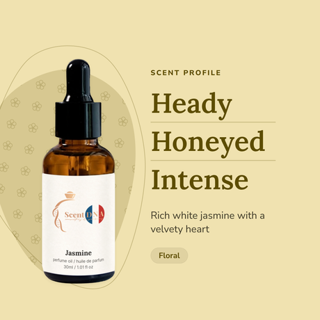 Jasmine Perfume Oil scent profile: heady, honeyed, intense. Rich white jasmine with a velvety heart