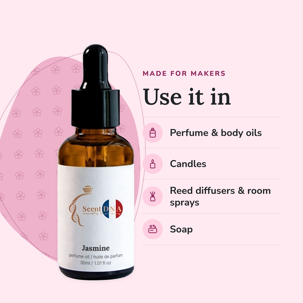 Jasmine Perfume Oil uses: perfume & body oils, candles, reed diffusers & room sprays, soap