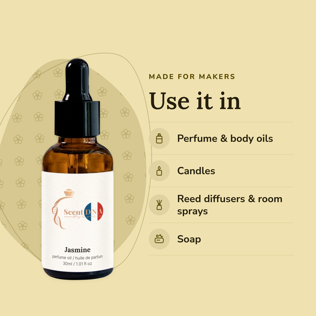 Jasmine Perfume Oil uses: perfume & body oils, candles, reed diffusers & room sprays, soap