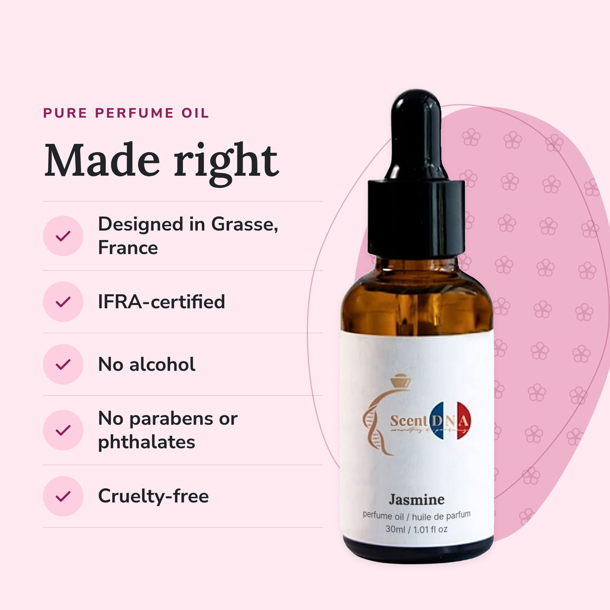 Jasmine Perfume Oil: designed in Grasse, IFRA-certified, no alcohol, no parabens or phthalates, cruelty-free