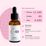 Jasmine Perfume Oil IFRA maximums: perfume 15.38%, candles 8%, soap 8.69%; flash point above 62 °C