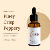 Juniper Berries Perfume Oil scent profile: piney, crisp, peppery. Gin-like freshness on a resinous pine base