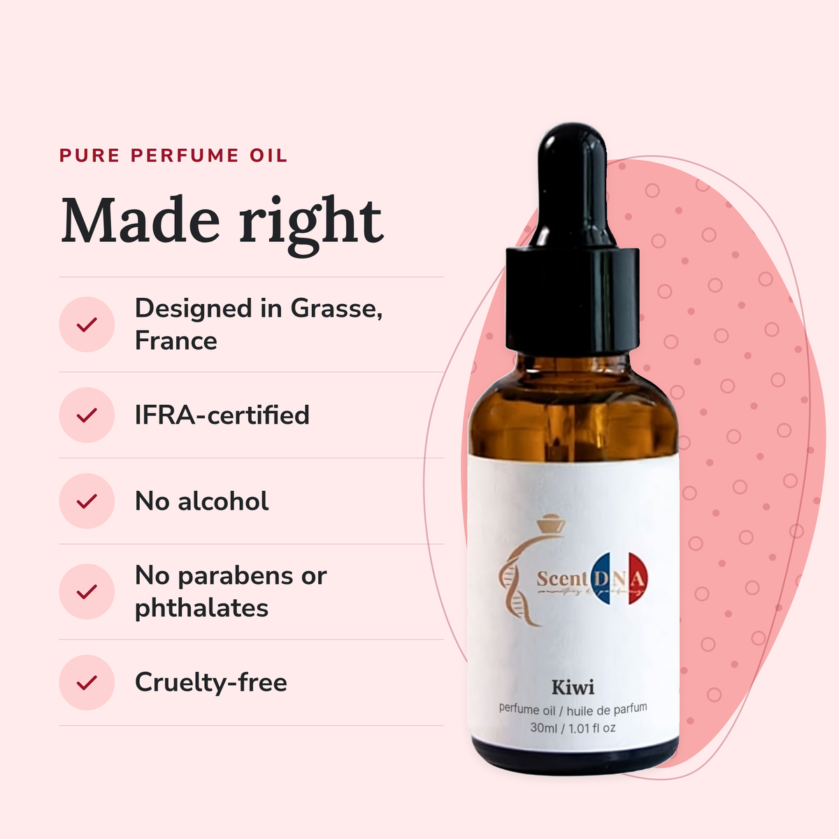 Kiwi Perfume Oil: designed in Grasse, IFRA-certified, no alcohol, no parabens or phthalates, cruelty-free