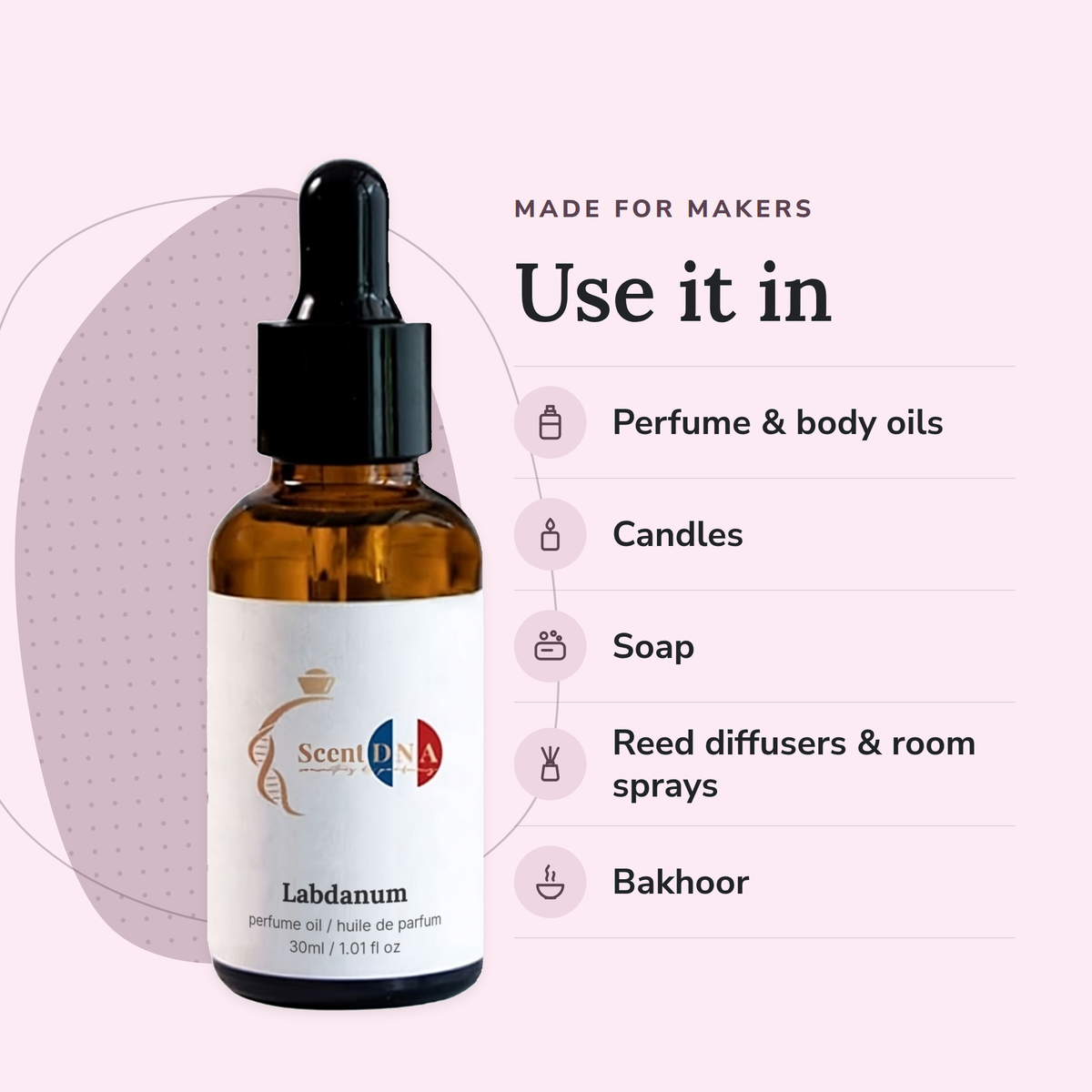 Labdanum Perfume Oil uses: perfume & body oils, candles, soap, reed diffusers & room sprays, bakhoor