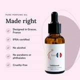Labdanum Perfume Oil: designed in Grasse, IFRA-certified, no alcohol, no parabens or phthalates, cruelty-free