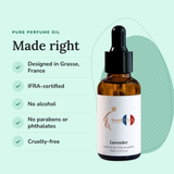 Lavender Perfume Oil: designed in Grasse, IFRA-certified, no alcohol, no parabens or phthalates, cruelty-free