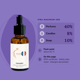Lavender Perfume Oil IFRA maximums: perfume 40%, candles 8%, soap 10%; flash point above 62 °C