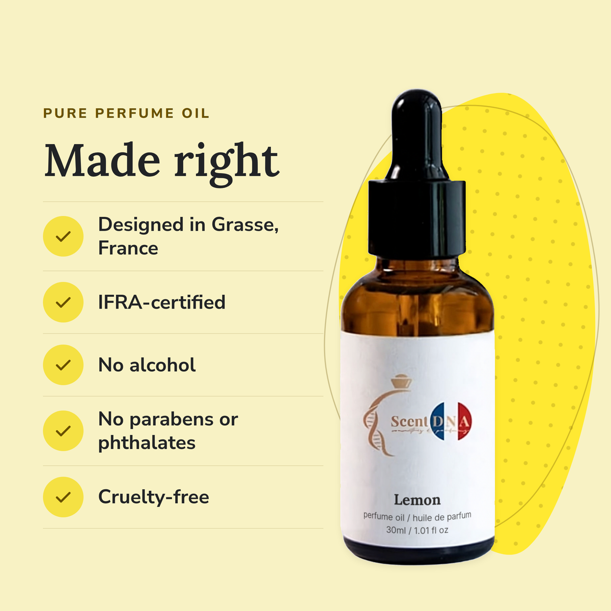 Lemon Perfume Oil: designed in Grasse, IFRA-certified, no alcohol, no parabens or phthalates, cruelty-free