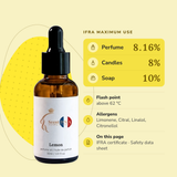 Lemon Perfume Oil IFRA maximums: perfume 8.16%, candles 8%, soap 10%; flash point above 62 °C