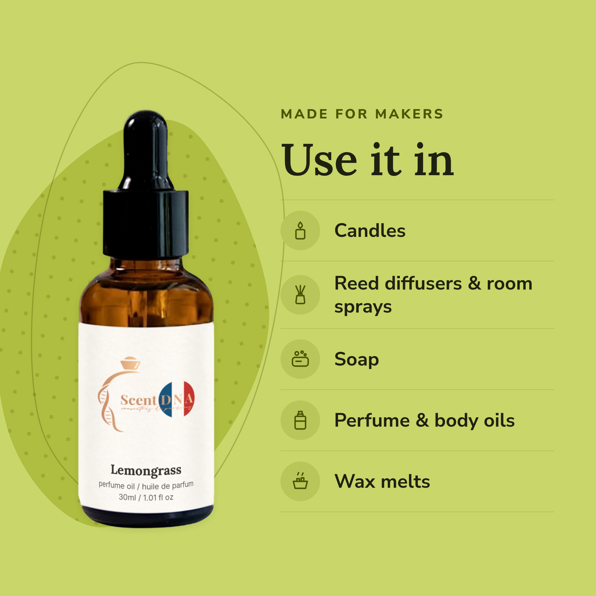 Lemongrass Perfume Oil uses: candles, reed diffusers & room sprays, soap, perfume & body oils, wax melts