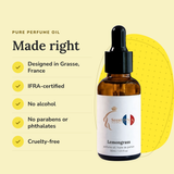 Lemongrass Perfume Oil: designed in Grasse, IFRA-certified, no alcohol, no parabens or phthalates, cruelty-free