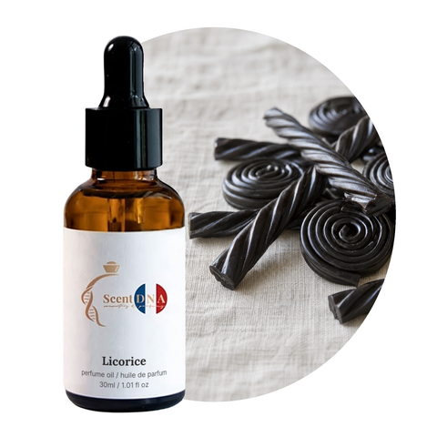 Licorice Perfume Oil, 30ml amber dropper bottle, with black liquorice ropes and wheels on linen