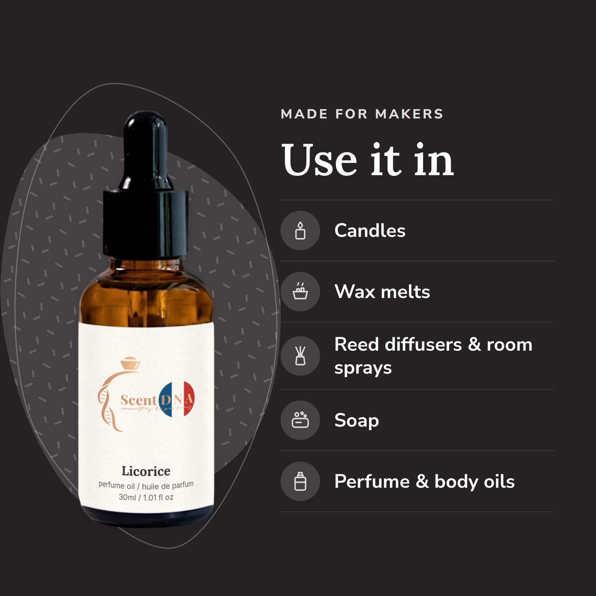 Licorice Perfume Oil uses: candles, wax melts, reed diffusers & room sprays, soap, perfume & body oils