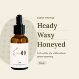 Lily Perfume Oil scent profile: heady, waxy, honeyed. Full white lily with a clean green opening