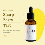 Lime Perfume Oil scent profile: sharp, zesty, tart. Fizzy lime zest with a bitter green edge