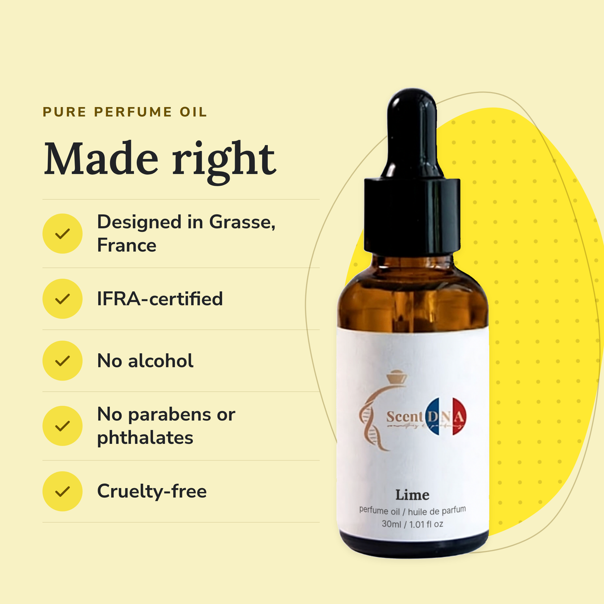 Lime Perfume Oil: designed in Grasse, IFRA-certified, no alcohol, no parabens or phthalates, cruelty-free