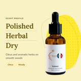 Luxury Perfume Oil scent profile: polished, herbal, dry. Citrus and aromatic herbs on smooth woods