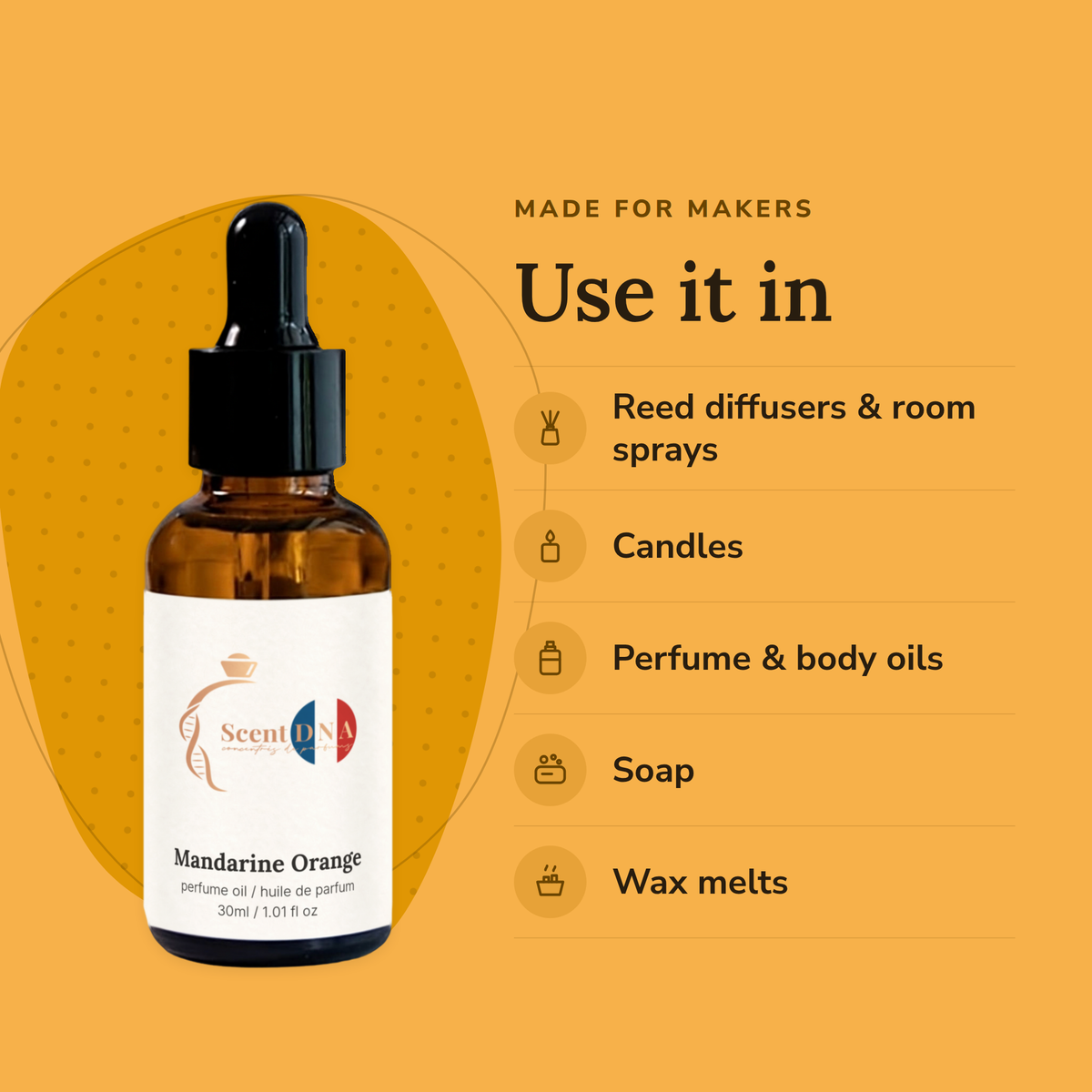 Mandarine Orange Perfume Oil uses: reed diffusers & room sprays, candles, perfume & body oils, soap, wax melts