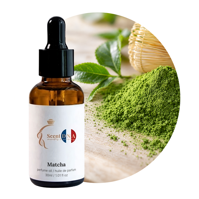Matcha Perfume Oil, 30ml amber dropper bottle, with matcha powder and a bamboo whisk