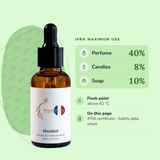 Menthol Perfume Oil IFRA maximums: perfume 40%, candles 8%, soap 10%; flash point above 62 °C
