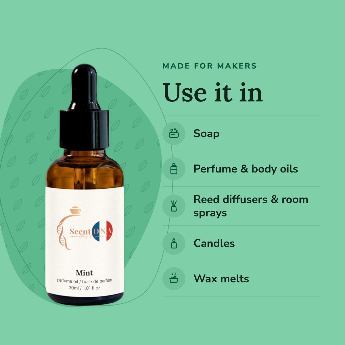 Mint Perfume Oil uses: soap, perfume & body oils, reed diffusers & room sprays, candles, wax melts