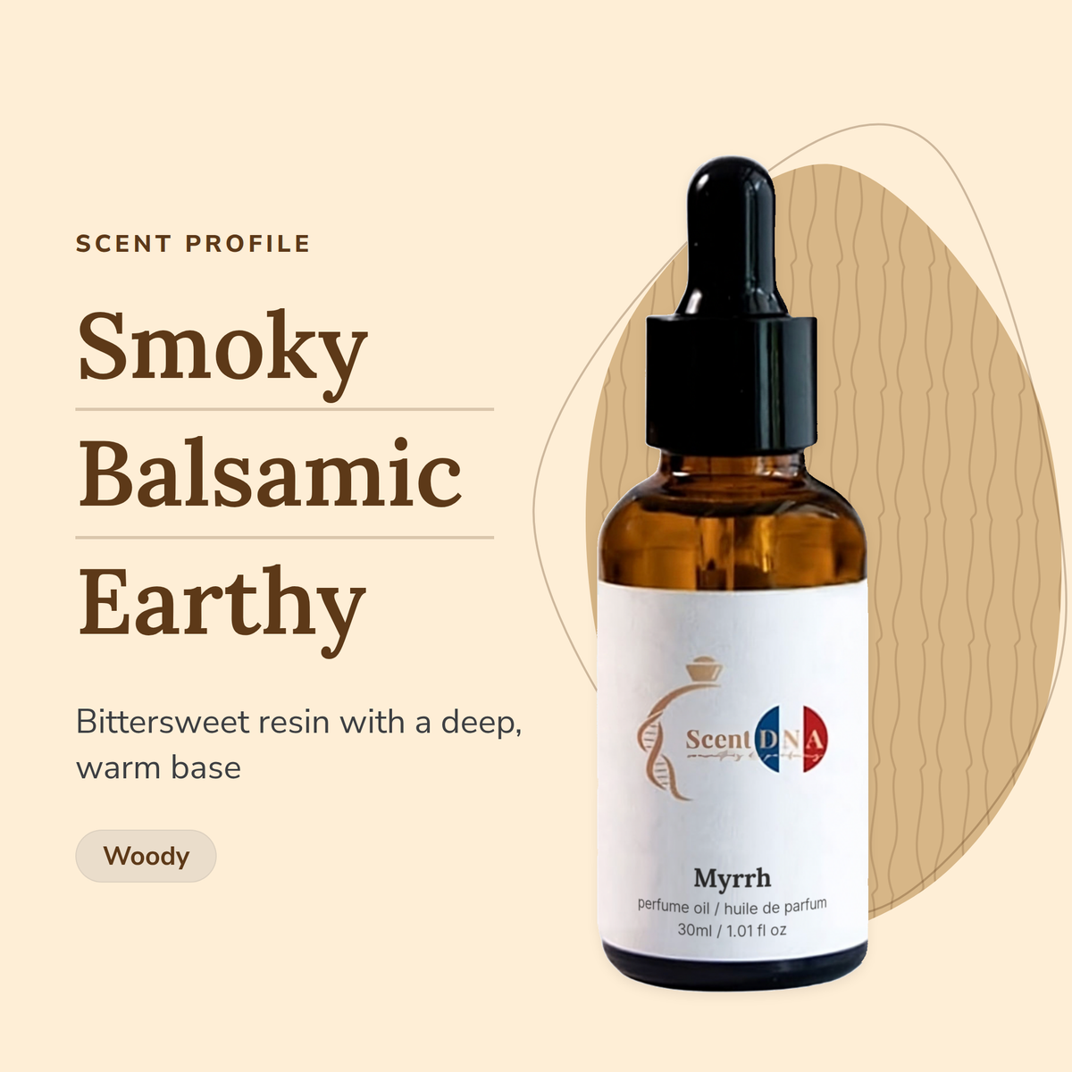 Myrrh Perfume Oil scent profile: smoky, balsamic, earthy. Bittersweet resin with a deep, warm base