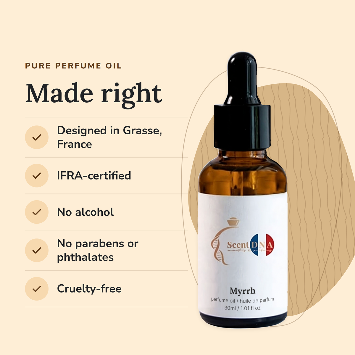 Myrrh Perfume Oil: designed in Grasse, IFRA-certified, no alcohol, no parabens or phthalates, cruelty-free