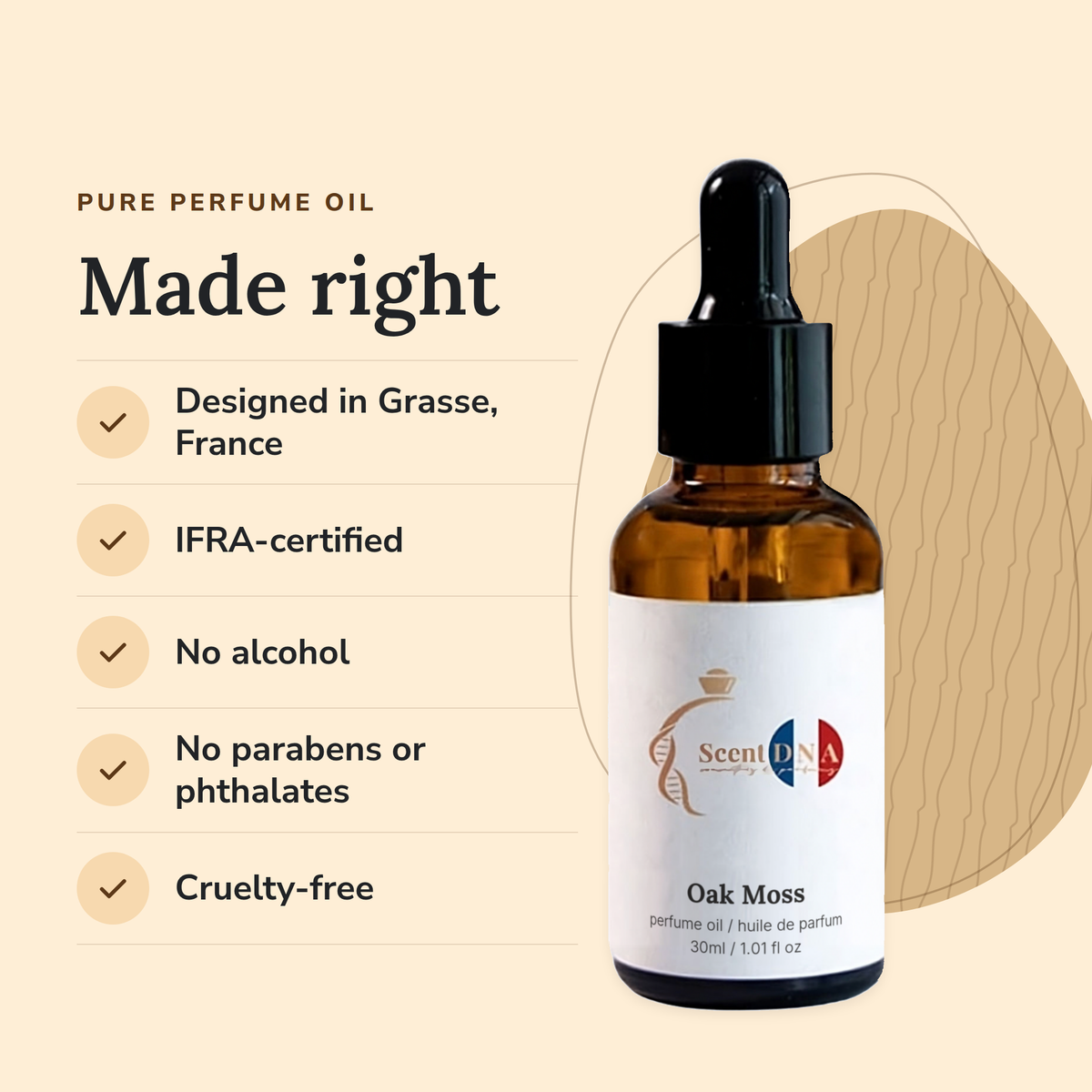 Oak Moss Perfume Oil: designed in Grasse, IFRA-certified, no alcohol, no parabens or phthalates, cruelty-free
