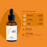Orange Perfume Oil IFRA maximums: perfume 40%, candles 8%, soap 10%; flash point above 62 °C
