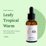 Palm Tree Perfume Oil scent profile: leafy, tropical, warm. Palm frond with a creamy, sun-warmed base