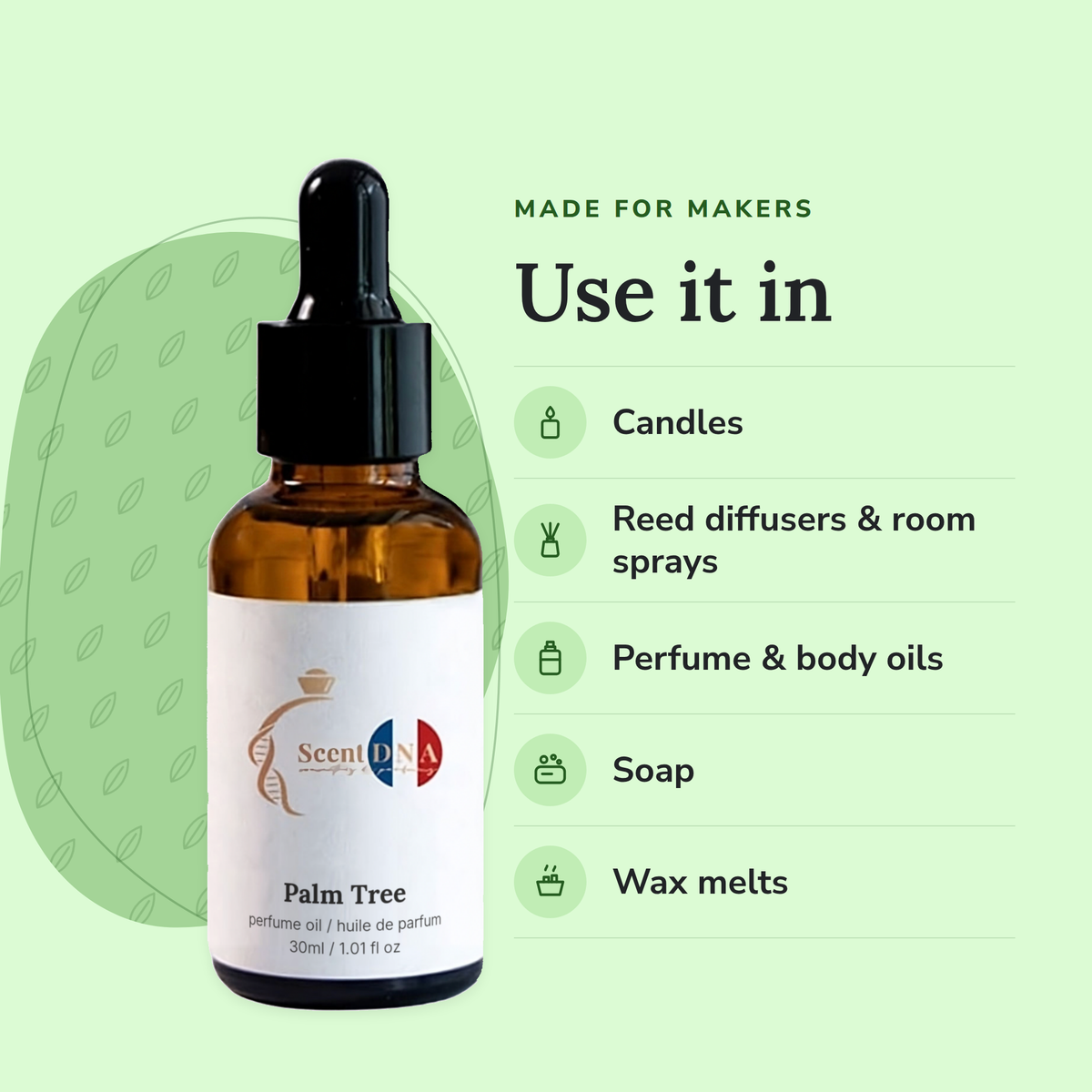 Palm Tree Perfume Oil uses: candles, reed diffusers & room sprays, perfume & body oils, soap, wax melts