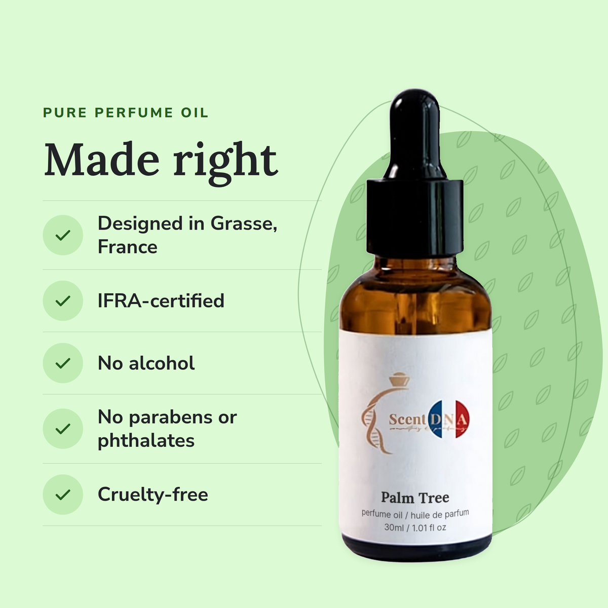Palm Tree Perfume Oil: designed in Grasse, IFRA-certified, no alcohol, no parabens or phthalates, cruelty-free