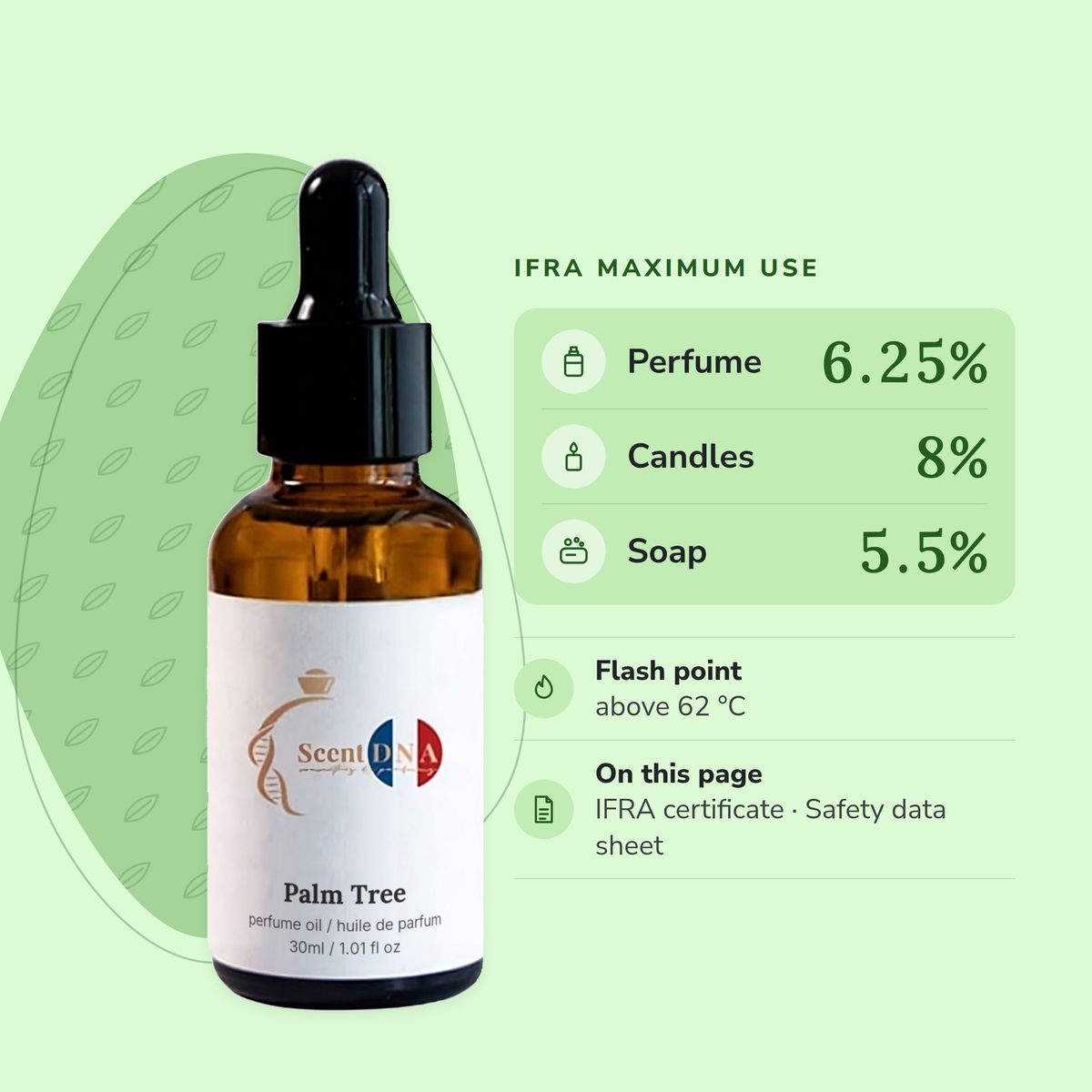 Palm Tree Perfume Oil IFRA maximums: perfume 6.25%, candles 8%, soap 5.5%; flash point above 62 °C