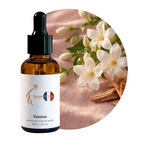 Passion Perfume Oil, 30ml amber dropper bottle, with jasmine flowers and sandalwood on blush linen