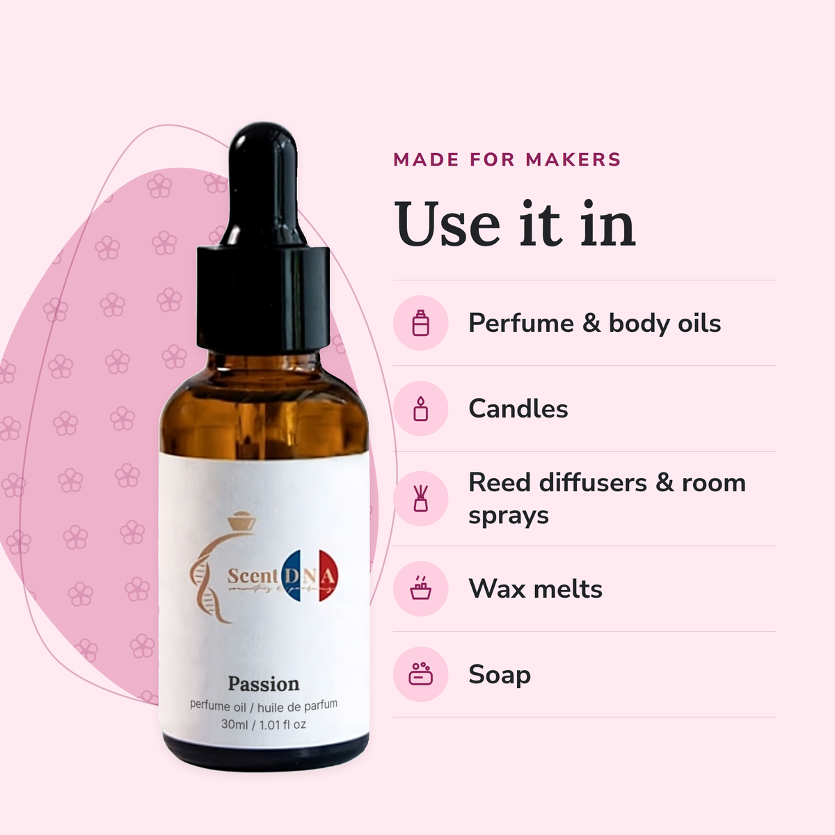 Passion Perfume Oil uses: perfume & body oils, candles, reed diffusers & room sprays, wax melts, soap