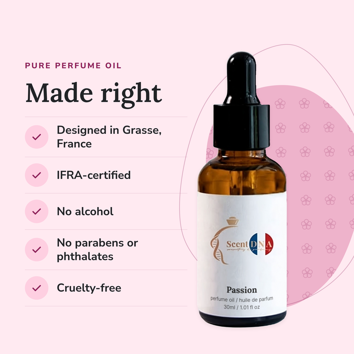 Passion Perfume Oil: designed in Grasse, IFRA-certified, no alcohol, no parabens or phthalates, cruelty-free
