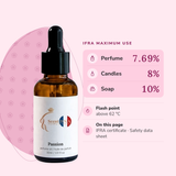Passion Perfume Oil IFRA maximums: perfume 7.69%, candles 8%, soap 10%; flash point above 62 °C